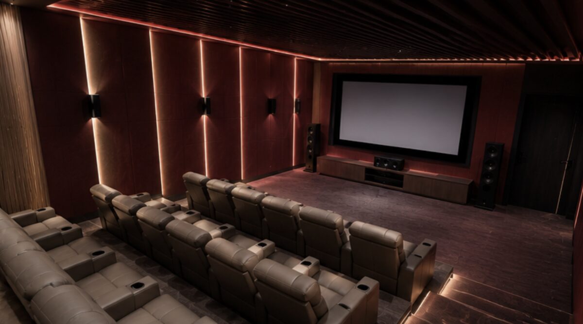 Representative marine cinema lounge with warm timber detailing