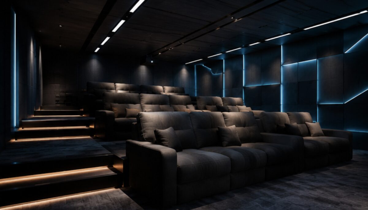 Atmospheric private cinema with warm acoustic ceiling and screen