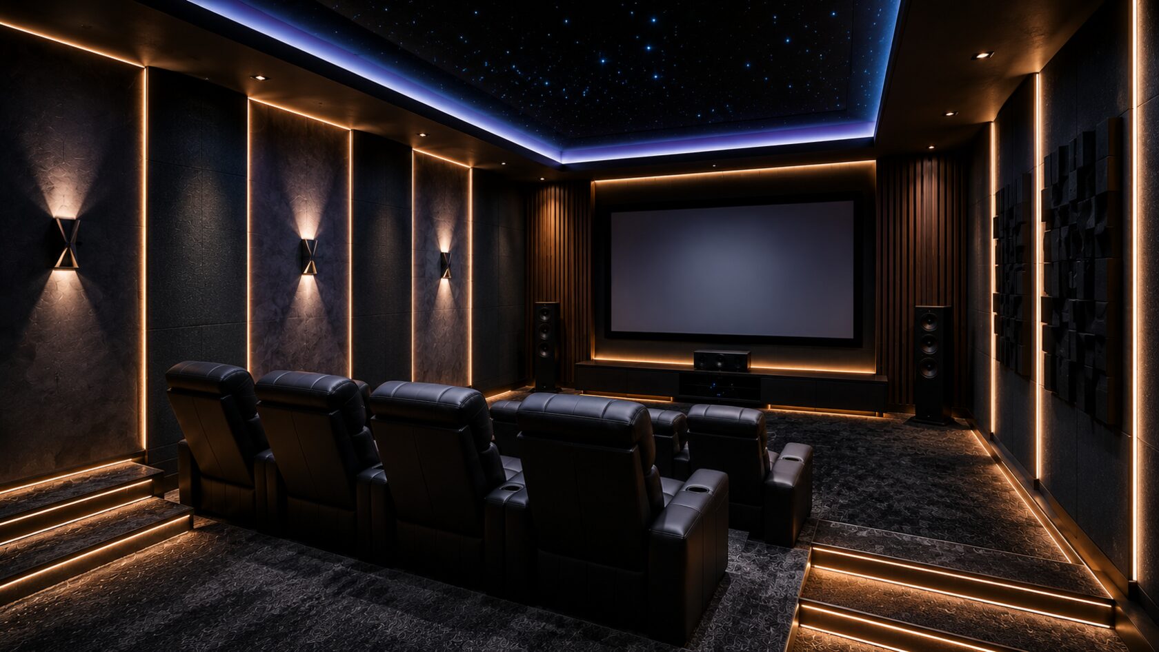 Private home cinema with starlit ceiling and large screen