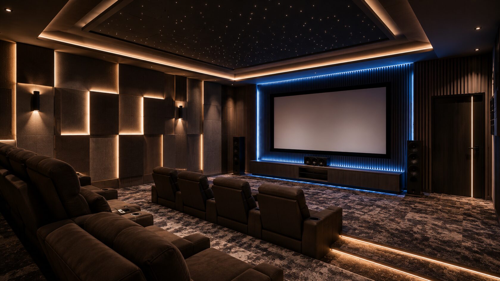 Private home cinema with blue-lit acoustic feature wall and lounge seating